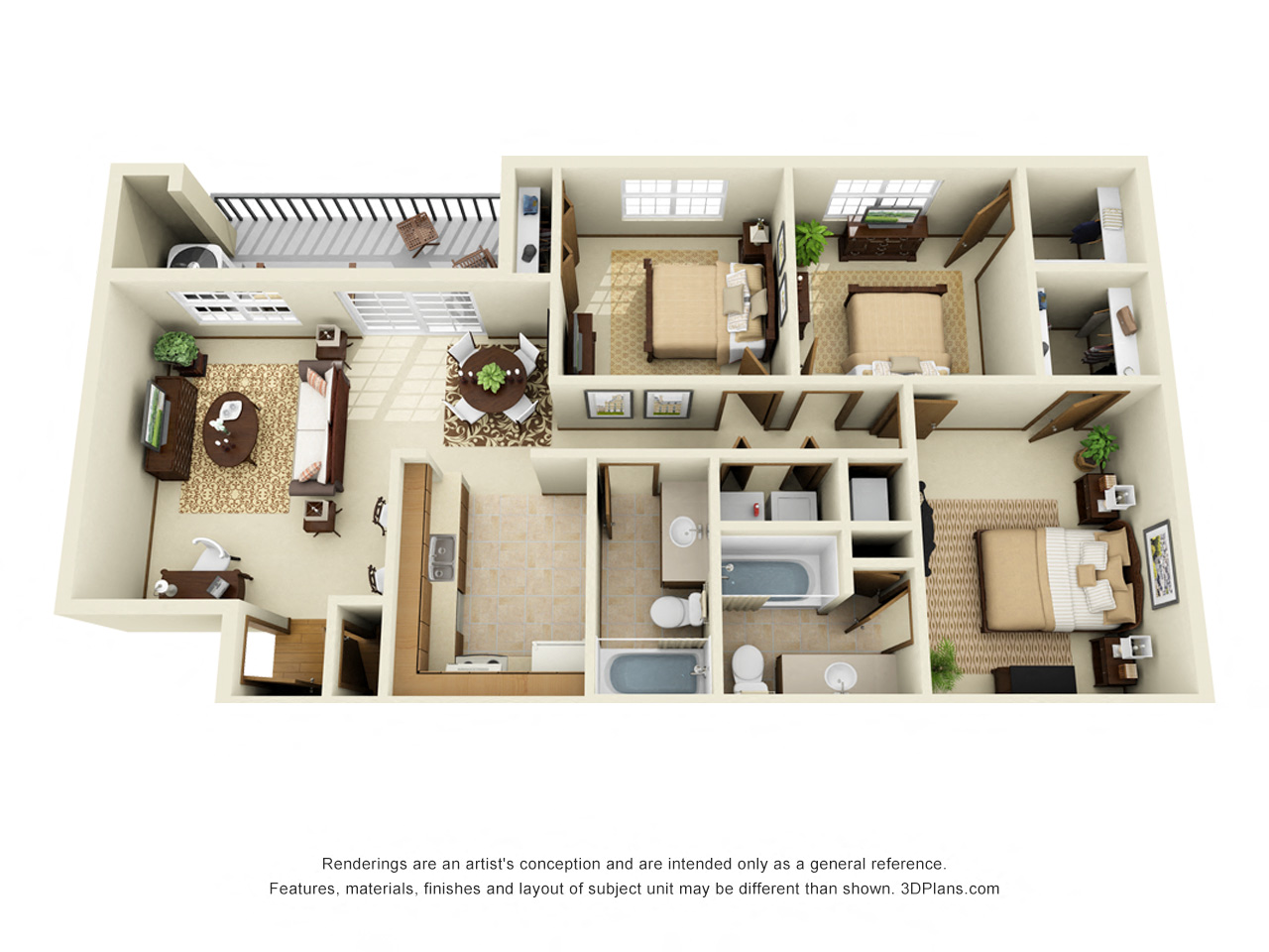 Floor plan for 3 beds, 2 baths, 1250 sqft